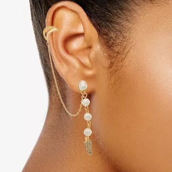 VERA WANG Rocker Chic Gold White Pearl & Clear Crystal Spike Mismatch Earrings - Picture 5 of 5